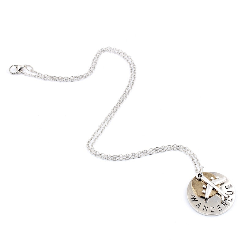 Unique Design Aircraft Airplane Necklace Vintage High Quality Round Lettering WANDERLUST Travel Pendant Necklaces For Women