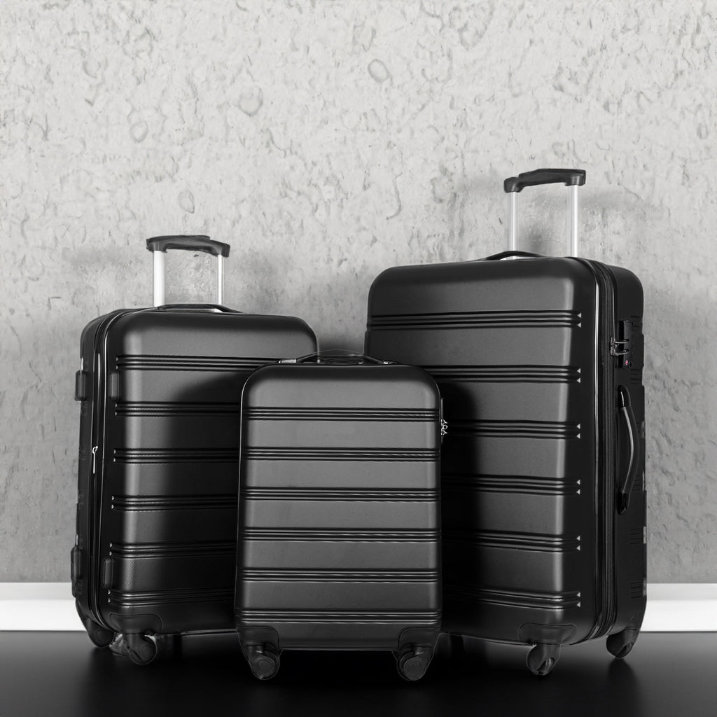 Black 3-Piece Hardside Spinner Luggage Set with TSA Lock | 20” 24” 28” Expandable Suitcase Set with 360° Wheels