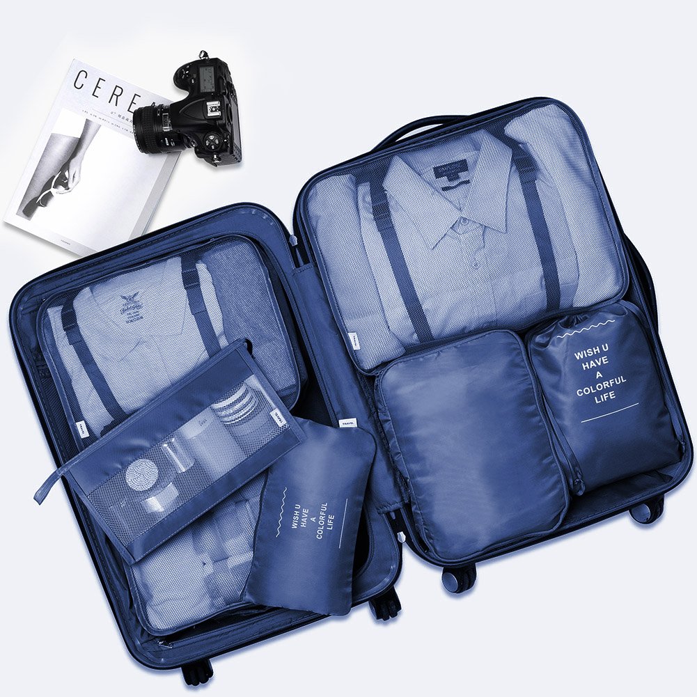 Travel Storage Bag Set of 7 – Thickened Suitcase Organizer Bags for Clothes, Underwear & Toiletries | Pink, Teal, Blue, Grey, Black