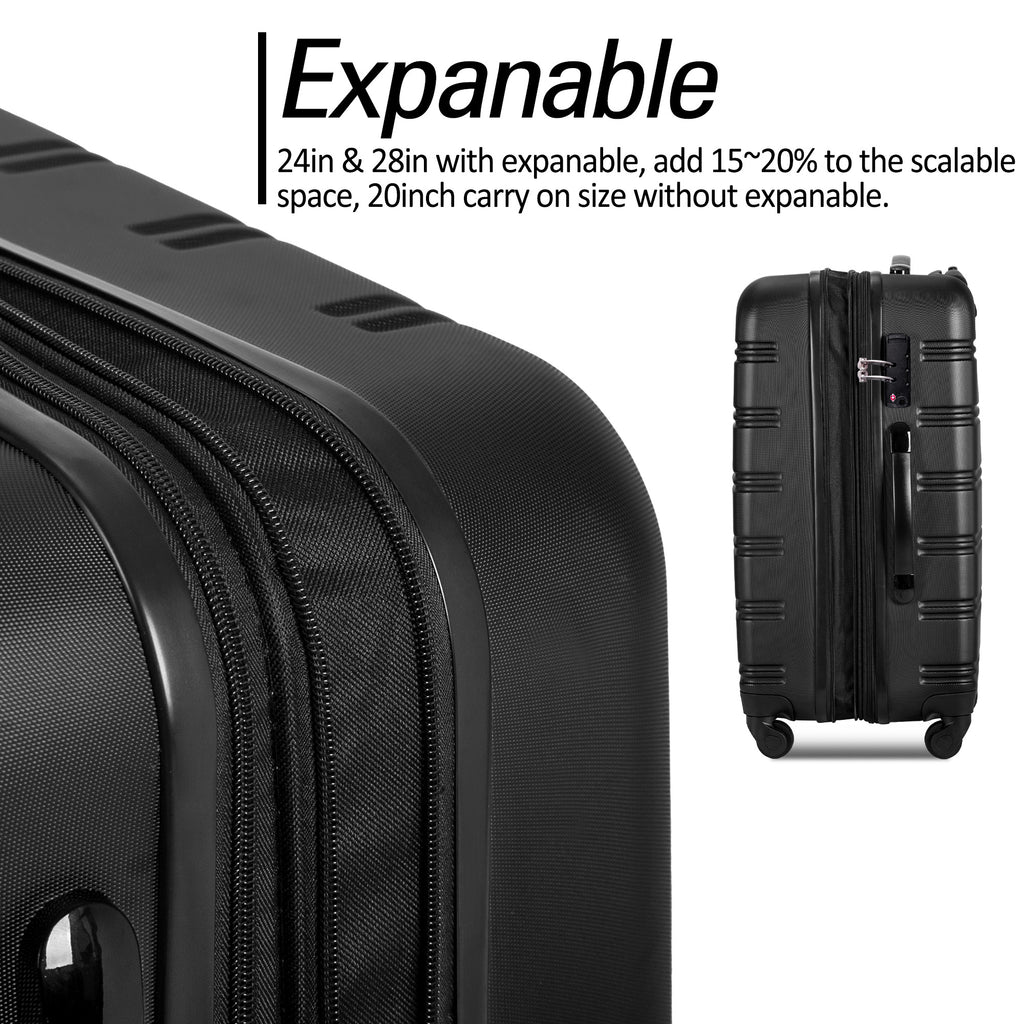 Black 3-Piece Hardside Spinner Luggage Set with TSA Lock | 20” 24” 28” Expandable Suitcase Set with 360° Wheels