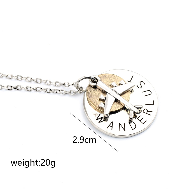 Unique Design Aircraft Airplane Necklace Vintage High Quality Round Lettering WANDERLUST Travel Pendant Necklaces For Women
