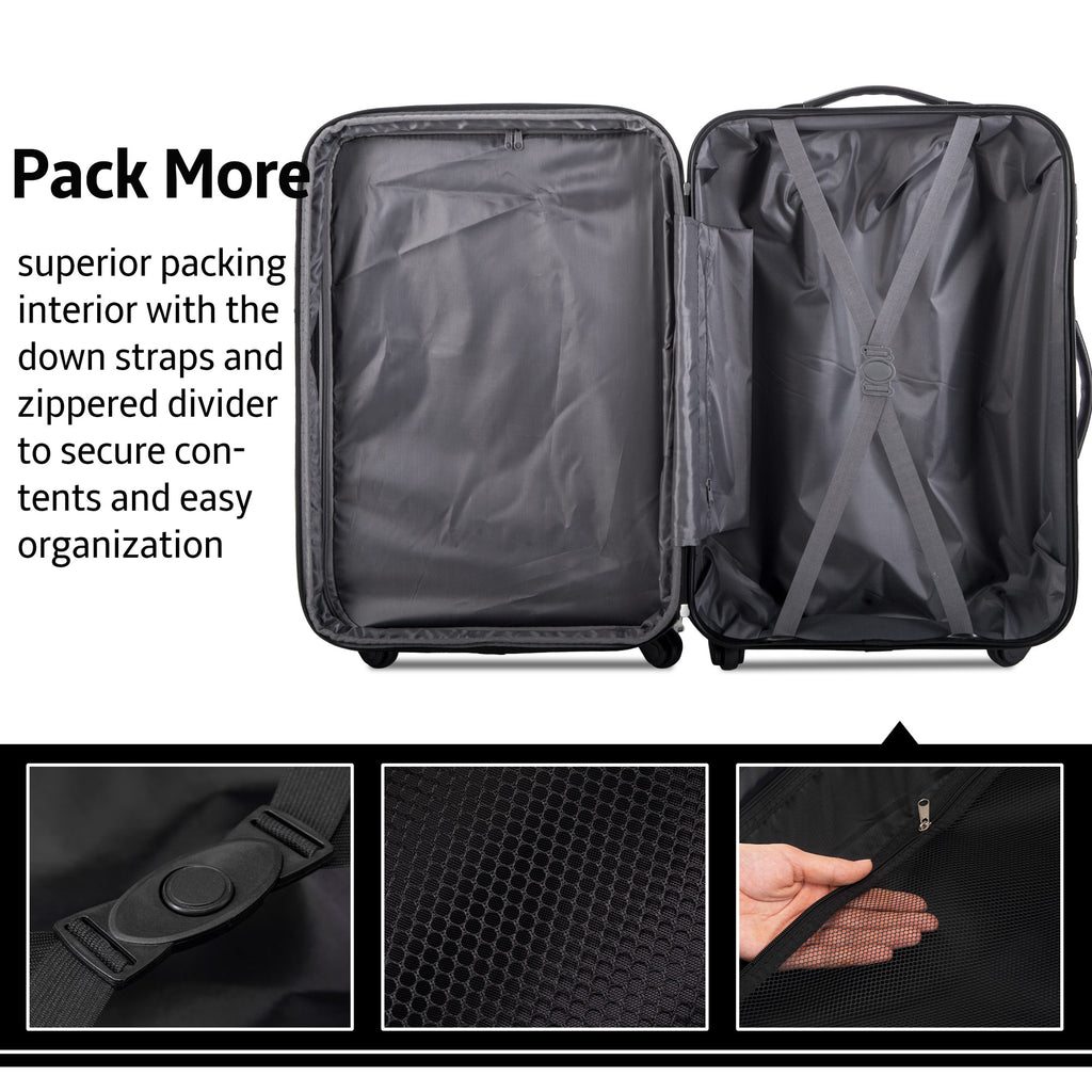 Black 3-Piece Hardside Spinner Luggage Set with TSA Lock | 20” 24” 28” Expandable Suitcase Set with 360° Wheels