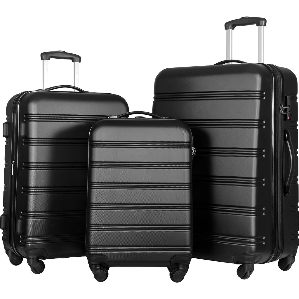 Black 3-Piece Hardside Spinner Luggage Set with TSA Lock | 20” 24” 28” Expandable Suitcase Set with 360° Wheels
