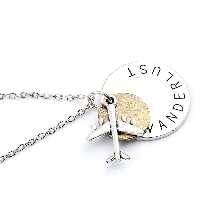 Unique Design Aircraft Airplane Necklace Vintage High Quality Round Lettering WANDERLUST Travel Pendant Necklaces For Women