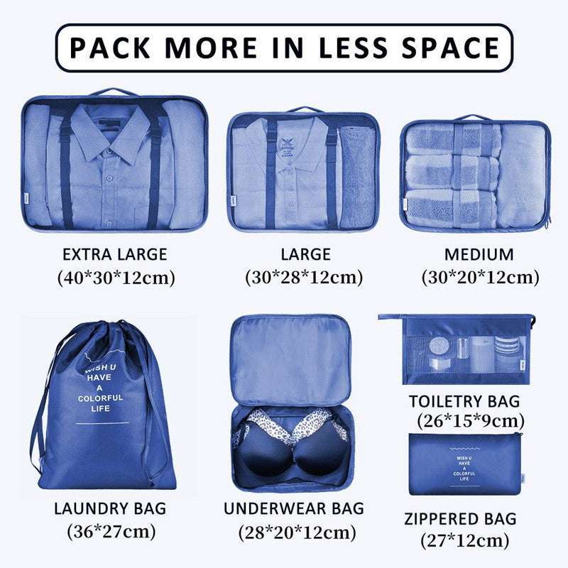 Travel Storage Bag Set of 7 – Thickened Suitcase Organizer Bags for Clothes, Underwear & Toiletries | Pink, Teal, Blue, Grey, Black