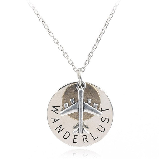 Unique Design Aircraft Airplane Necklace Vintage High Quality Round Lettering WANDERLUST Travel Pendant Necklaces For Women