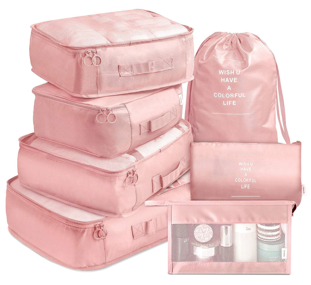 Travel Storage Bag Set of 7 – Thickened Suitcase Organizer Bags for Clothes, Underwear & Toiletries | Pink, Teal, Blue, Grey, Black