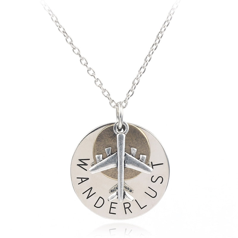 Unique Design Aircraft Airplane Necklace Vintage High Quality Round Lettering WANDERLUST Travel Pendant Necklaces For Women