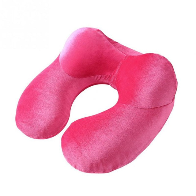Women’s Inflatable Travel Neck Pillow – U-Shaped Ergonomic Support | Korean Velvet | Hot Pink, Blue & Grey